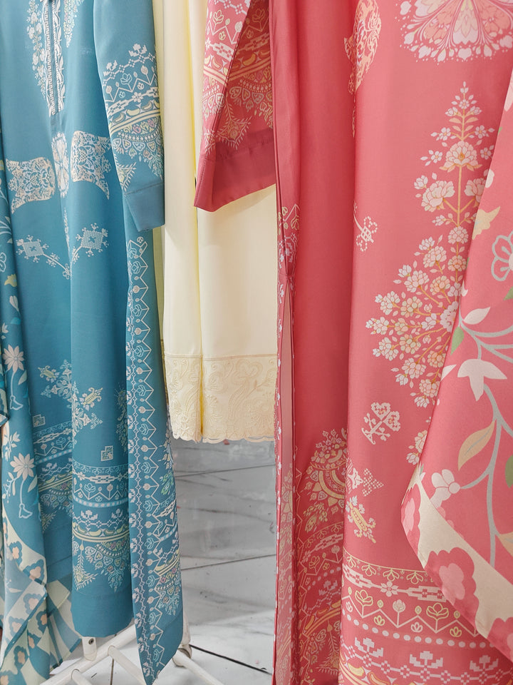 Women's Peach Cotton Satin Blend
Mint Silk Scarf Floral Print Kaftan Set