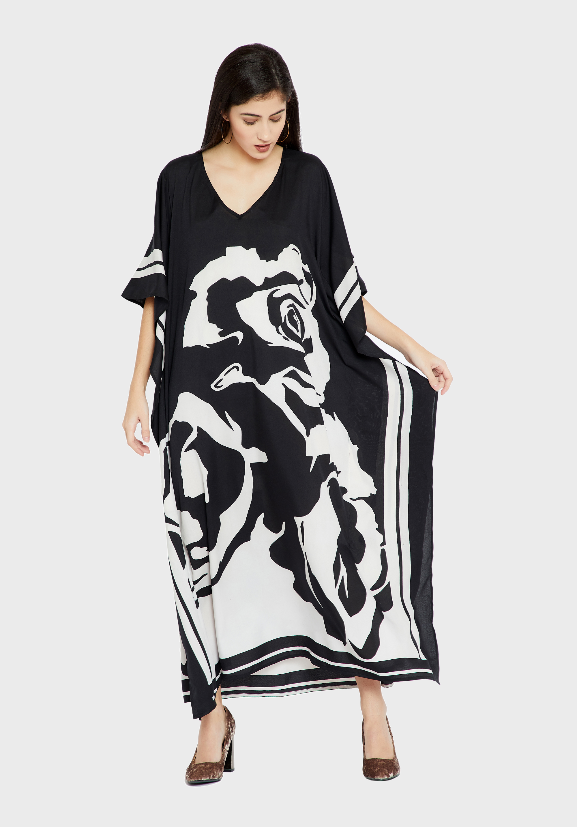 Cool Kaftans Caftano Lungo Donna Floreale Nero - 100% Viscosa, Taglia Unica Fino A 52, Leggero