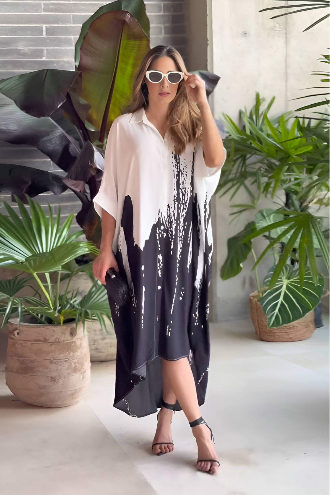 Women's Black Butter Crepe Printed Kaftans - BlackBeads