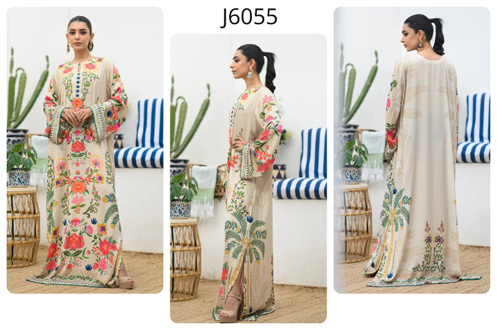 Women's Cream Premium Soft Crepe Floral Print Kaftan