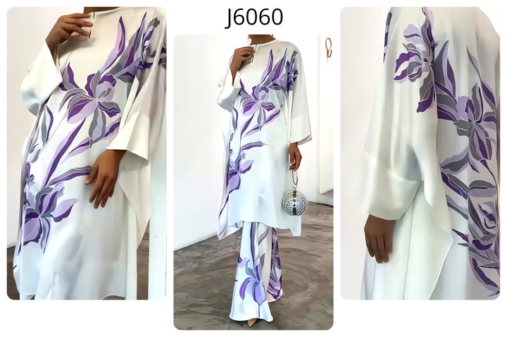 Women's White Satin Silk Floral Print Kaftan Set