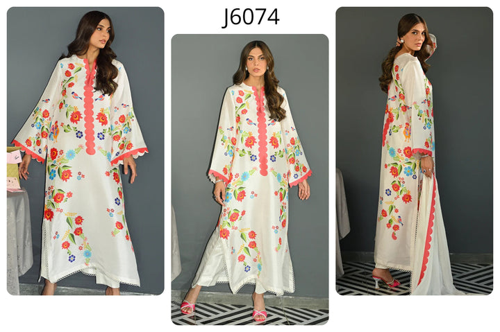 Women's White Cotton Satin Blend Floral Print Kaftan Set