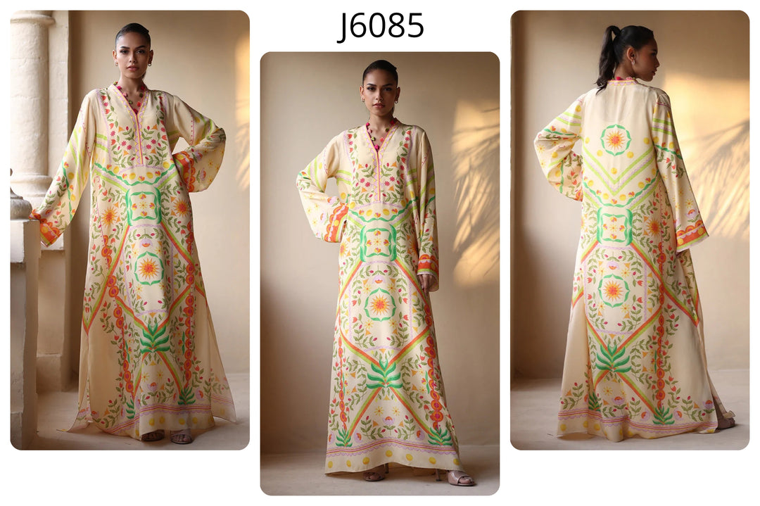 Women's Cream Soft Crepe - Resham Tassel Printed Kaftans