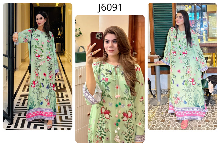 Women's Green Median Silk Crepe Floral Print Kaftan