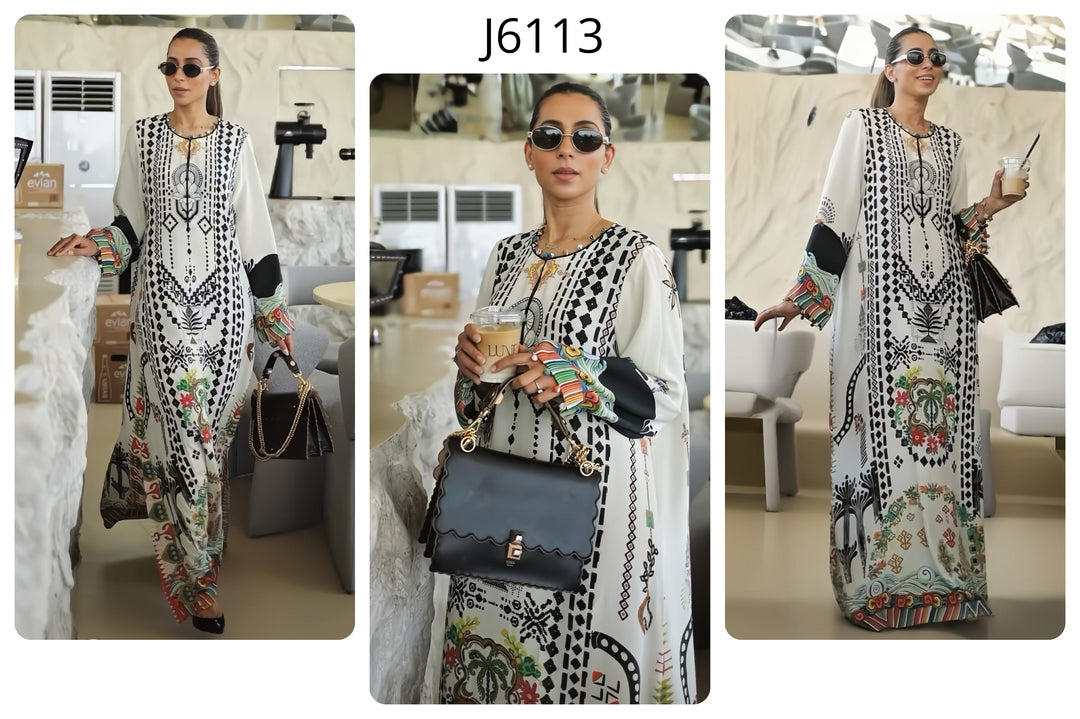 Women's White Crepe Floral Print Kaftan