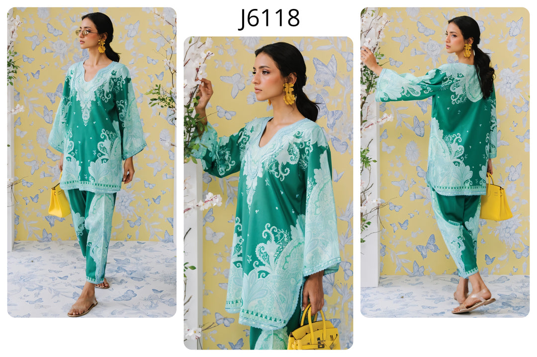 Women's Sea Green Crepe Lace Work Co-Ord Set