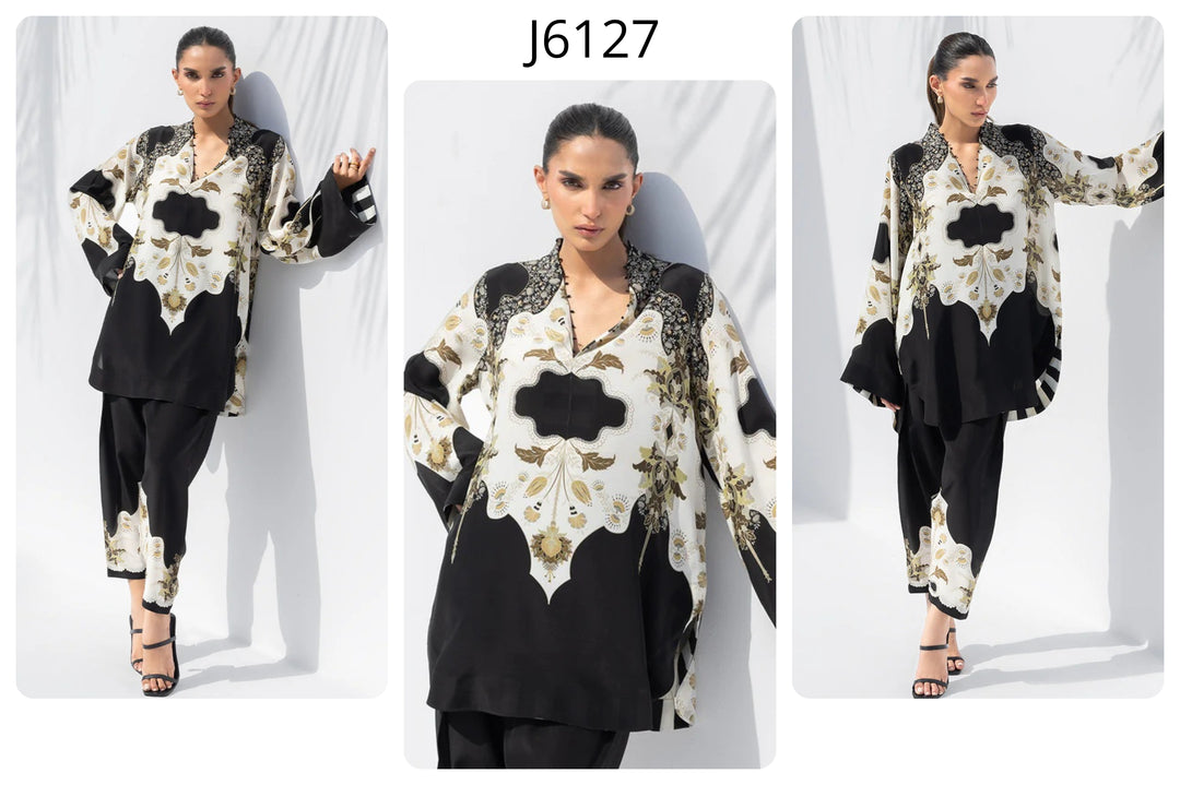 Women's Black Premium Soft Crepe Handwork Detailing On Neck Co-Ord Set