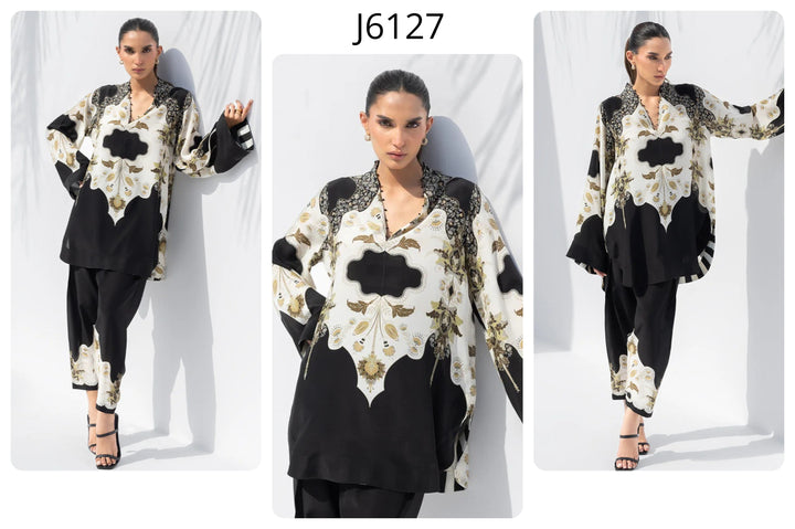 Women's Black Premium Soft Crepe Handwork Detailing On Neck Co-Ord Set