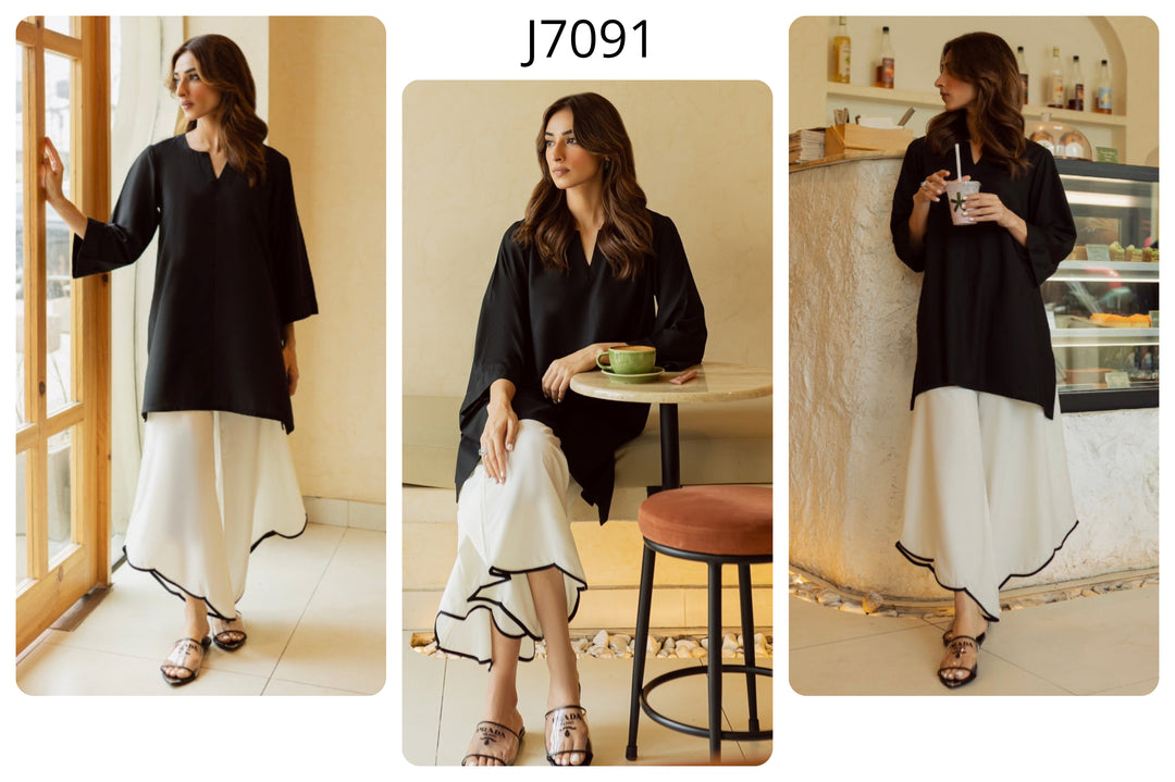 Women's Black & White 100% Natural Viscose Cotton Scallop Detailing Pant Kurta Set