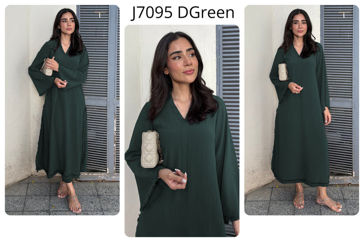Women's Dark Green Wrinkle Free Premium Crush Crepe Fringe Detailing Co-Ord Set
