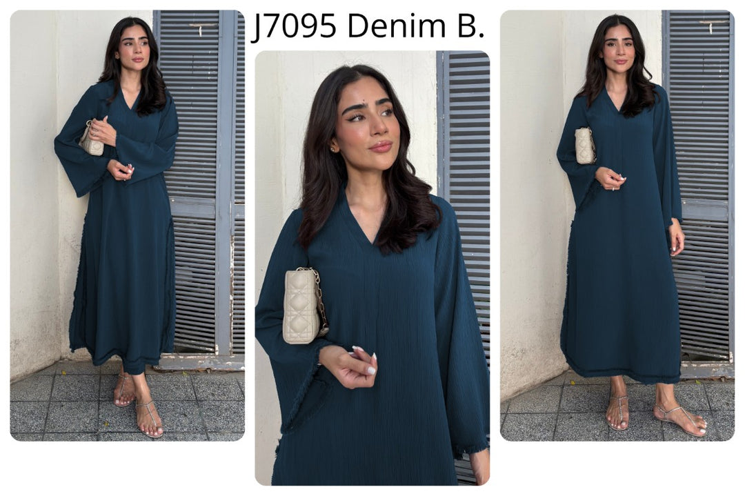 Women's Denim Blue Wrinkle Free Premium Crush Crepe Fringe Detailing Co-Ord Set