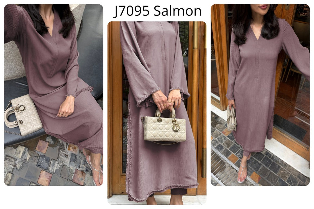 Women's Salmon Wrinkle Free Premium Crush Crepe Fringe Detailing Co-Ord Set