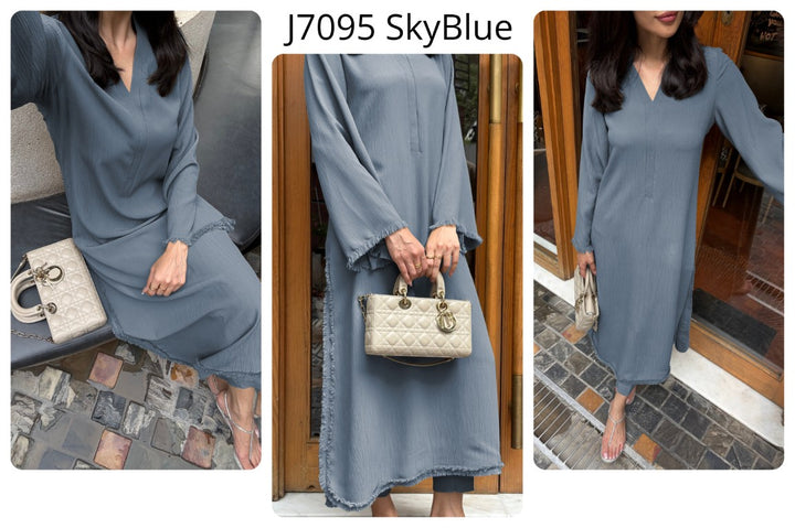 Women's Sky Blue Wrinkle Free Premium Crush Crepe Fringe Detailing Co-Ord Set