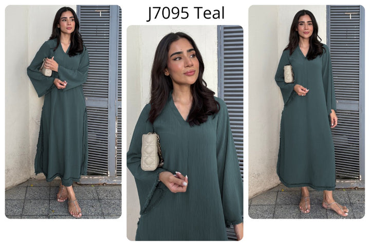 Women's Teal Wrinkle Free Premium Crush Crepe Fringe Detailing Co-Ord Set