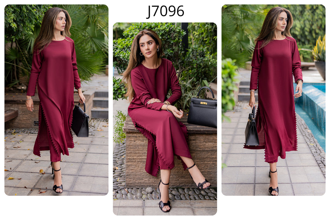 Women's Maroon Berry Crepe (Wrinkle Resistant) Plain Kurta Set