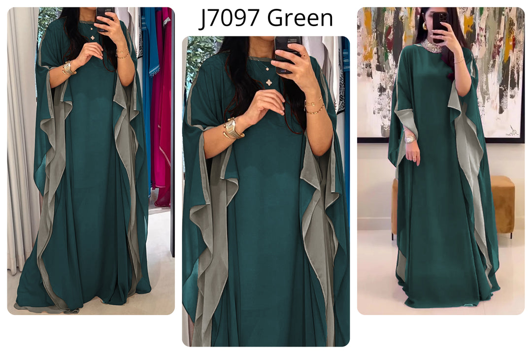 Women's Green 2 Layer Georgette Chiffon Drapped Sleeves Kaftan