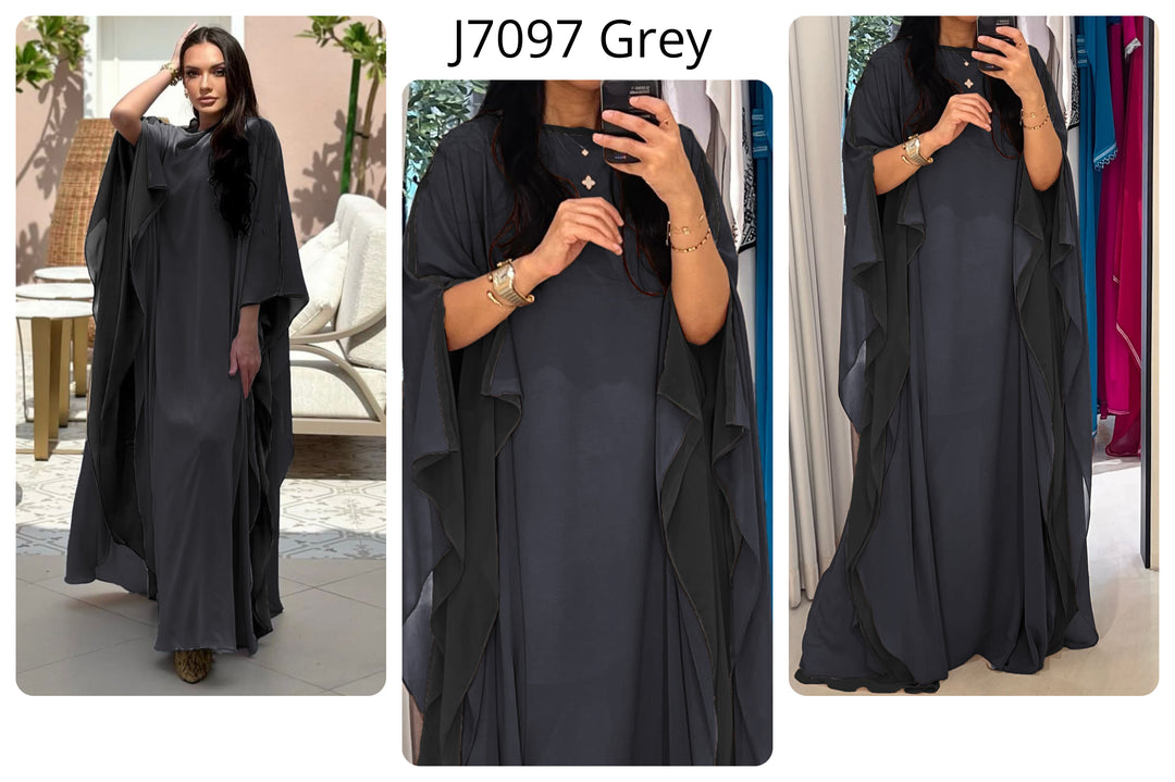 Women's Grey 2 Layer Georgette Chiffon Drapped Sleeves Kaftan