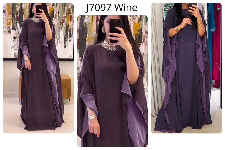 Women's Wine 2 Layer Georgette Chiffon Drapped Sleeves Kaftan