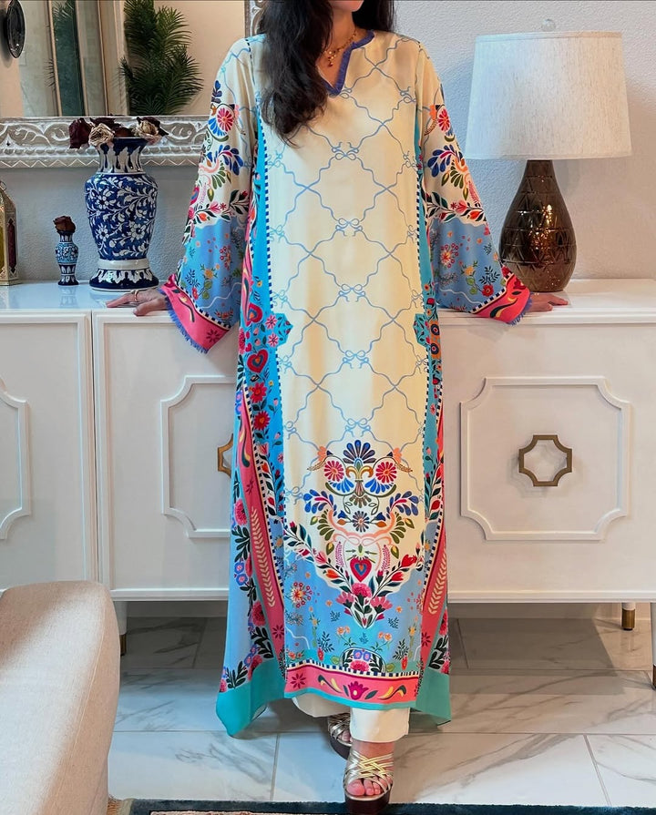 Women's White Premium Soft Crepe Floral Print Kaftan