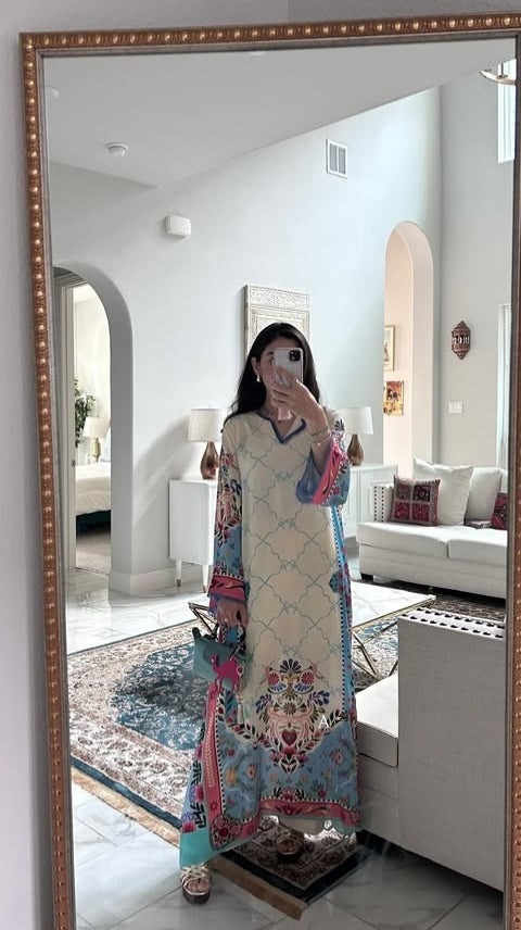 Women's White Premium Soft Crepe Floral Print Kaftan