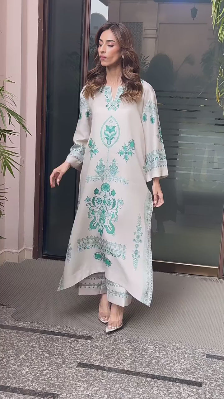 Women's Cream Cotton Satin Blend Floral Print Kaftan Set