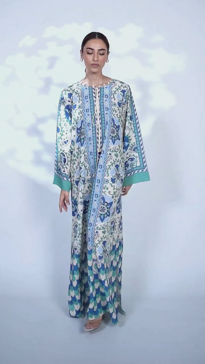 Women's Blue Crepe Floral Print Kaftan