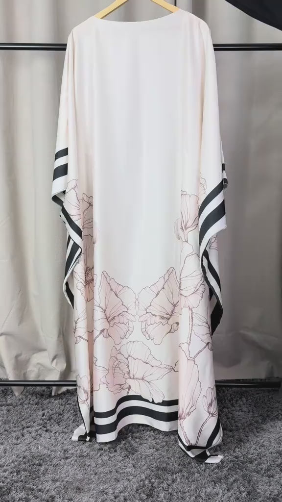 Women's White Double Georgette Floral Print Kaftan