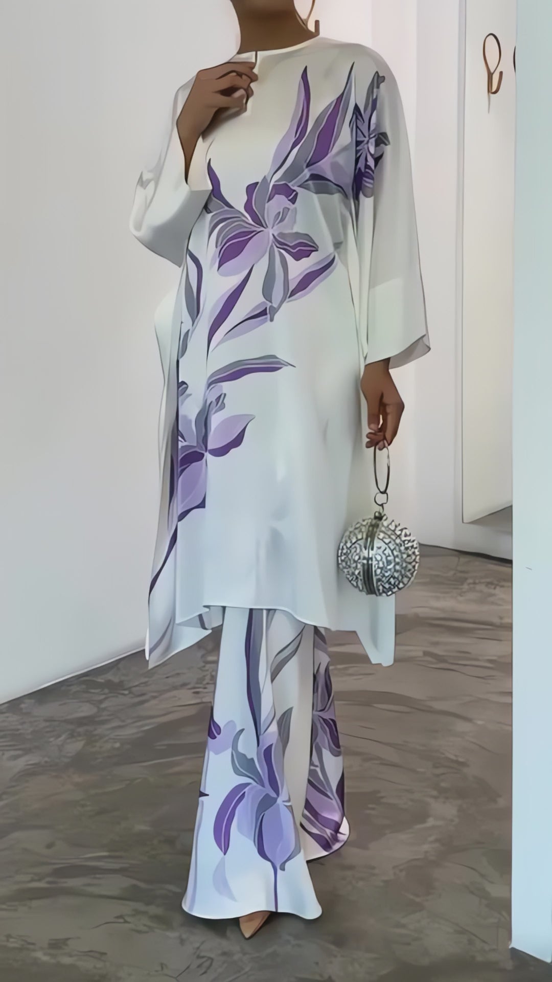 Women's White Satin Silk Floral Print Kaftan Set