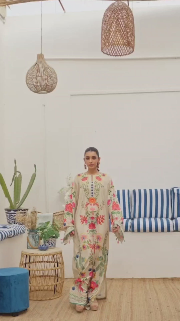 Women's Cream Premium Soft Crepe Floral Print Kaftan