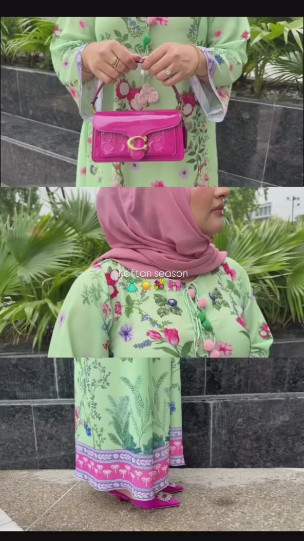 Women's Green Median Silk Crepe Floral Print Kaftan