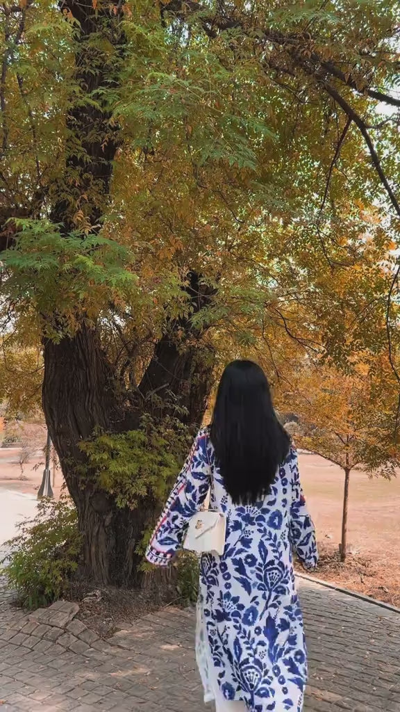 Women's White Premium Matty Floral Print Kaftan Set