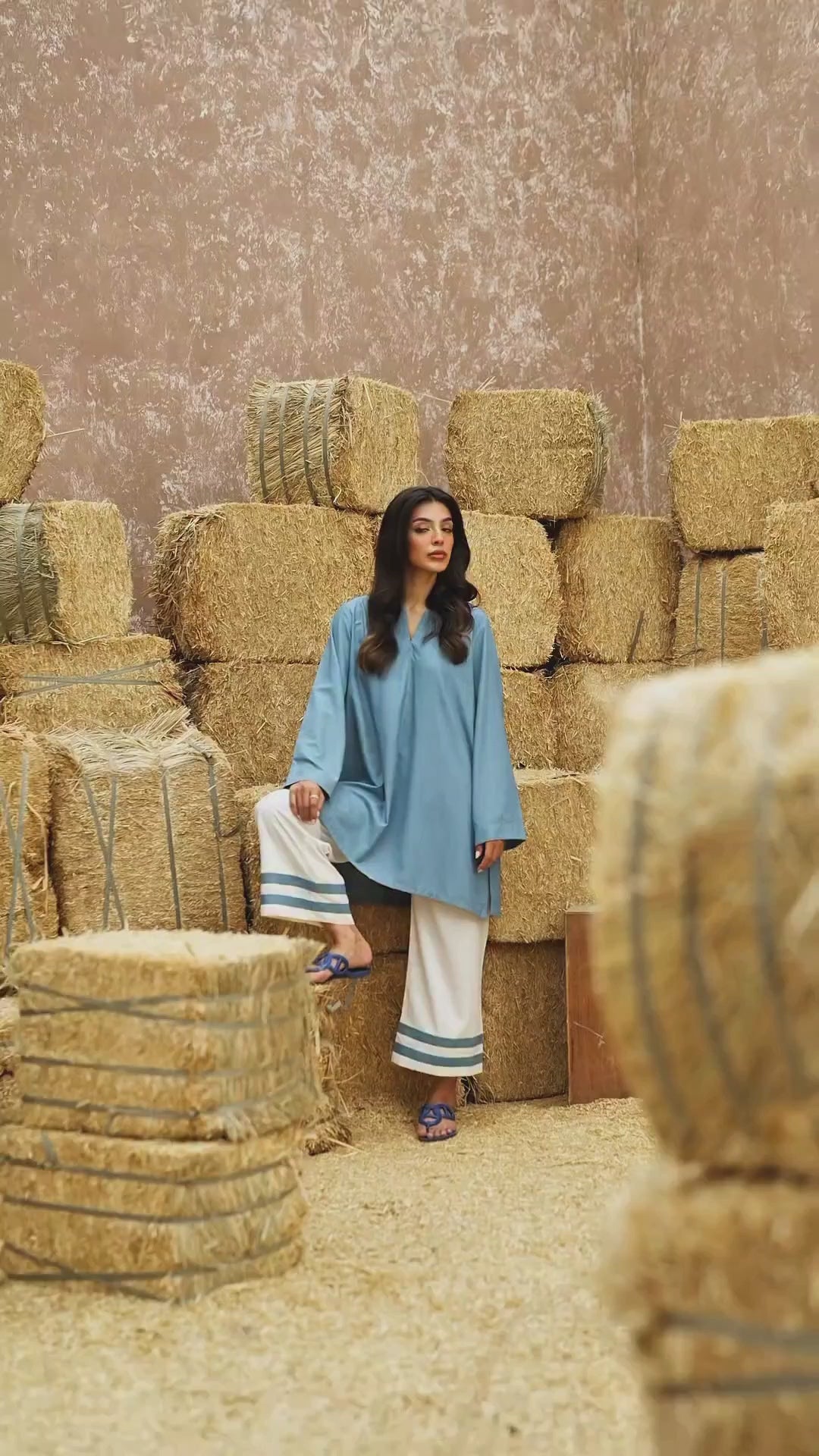 Women's Blue Silk Plain Tunic Set