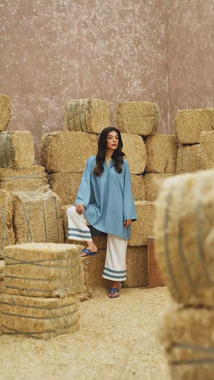 Women's Blue Silk Plain Tunic Set