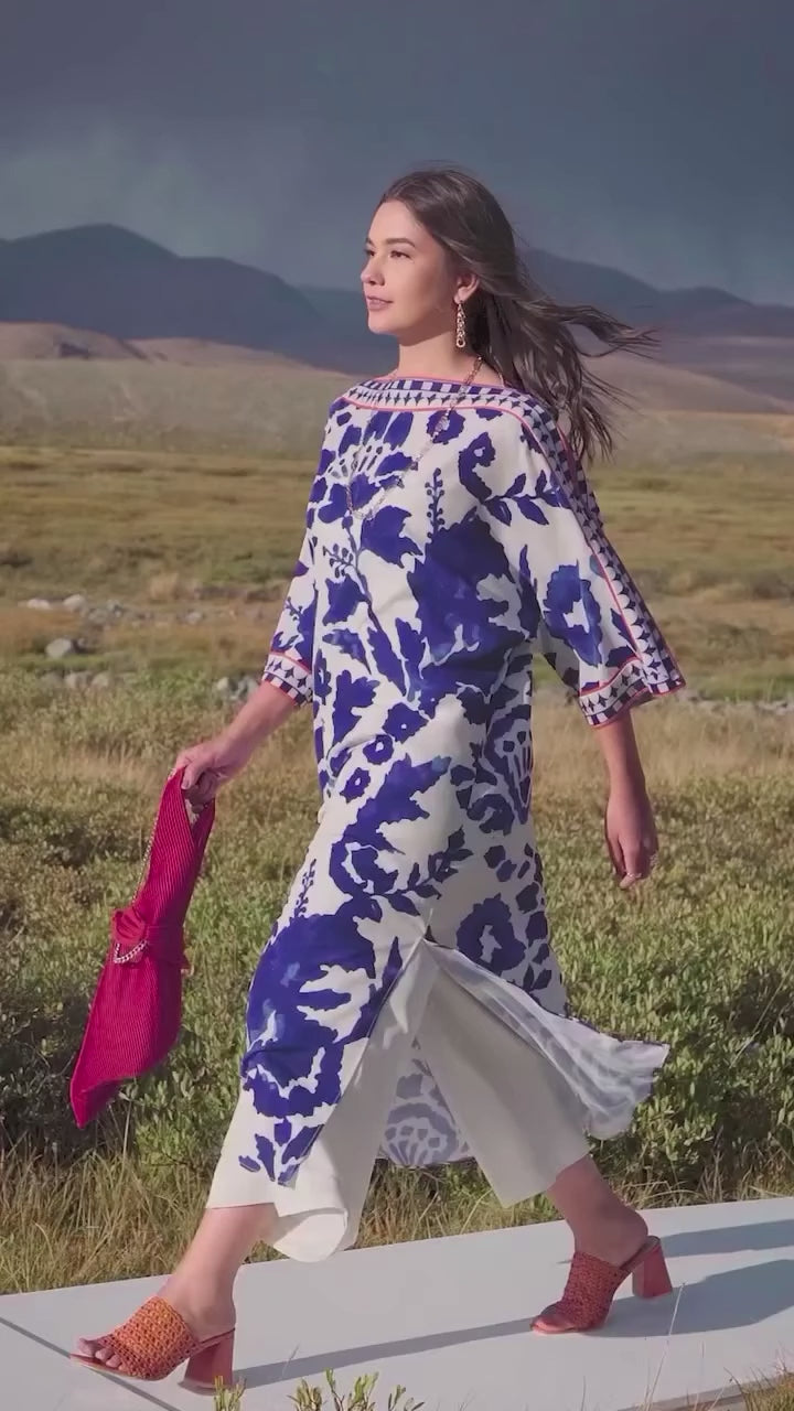 Women's White Premium Matty Floral Print Kaftan Set