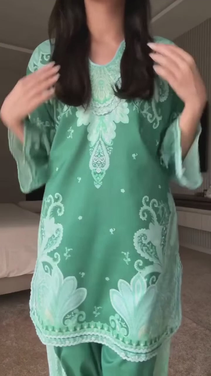 Women's Sea Green Crepe Lace Work Co-Ord Set