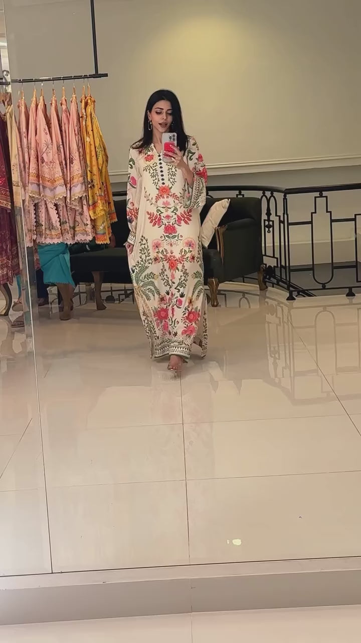 Women's Cream Premium Soft Crepe Floral Print Kaftan