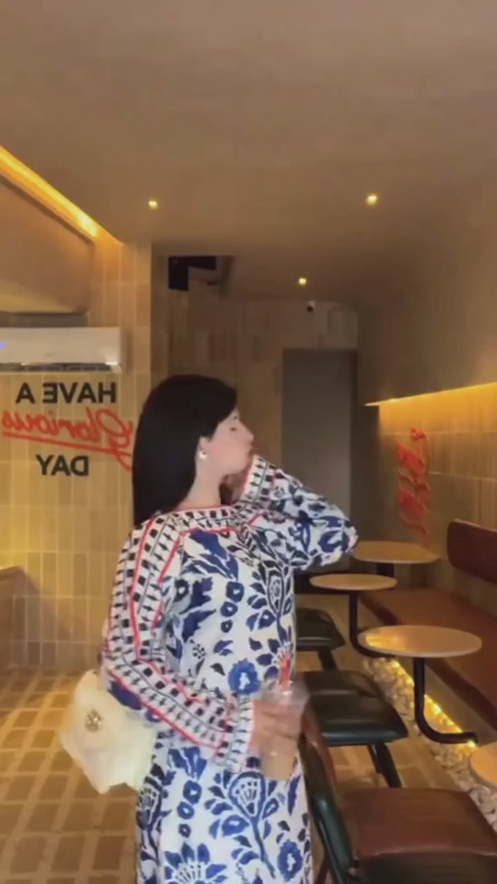 Women's White Premium Matty Floral Print Kaftan Set