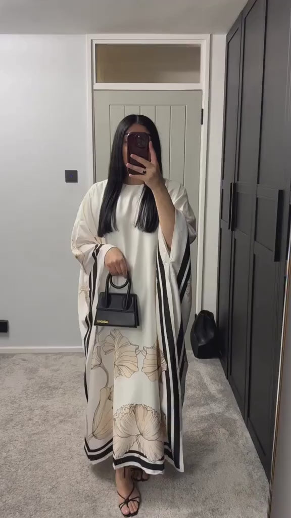 Women's White Double Georgette Floral Print Kaftan