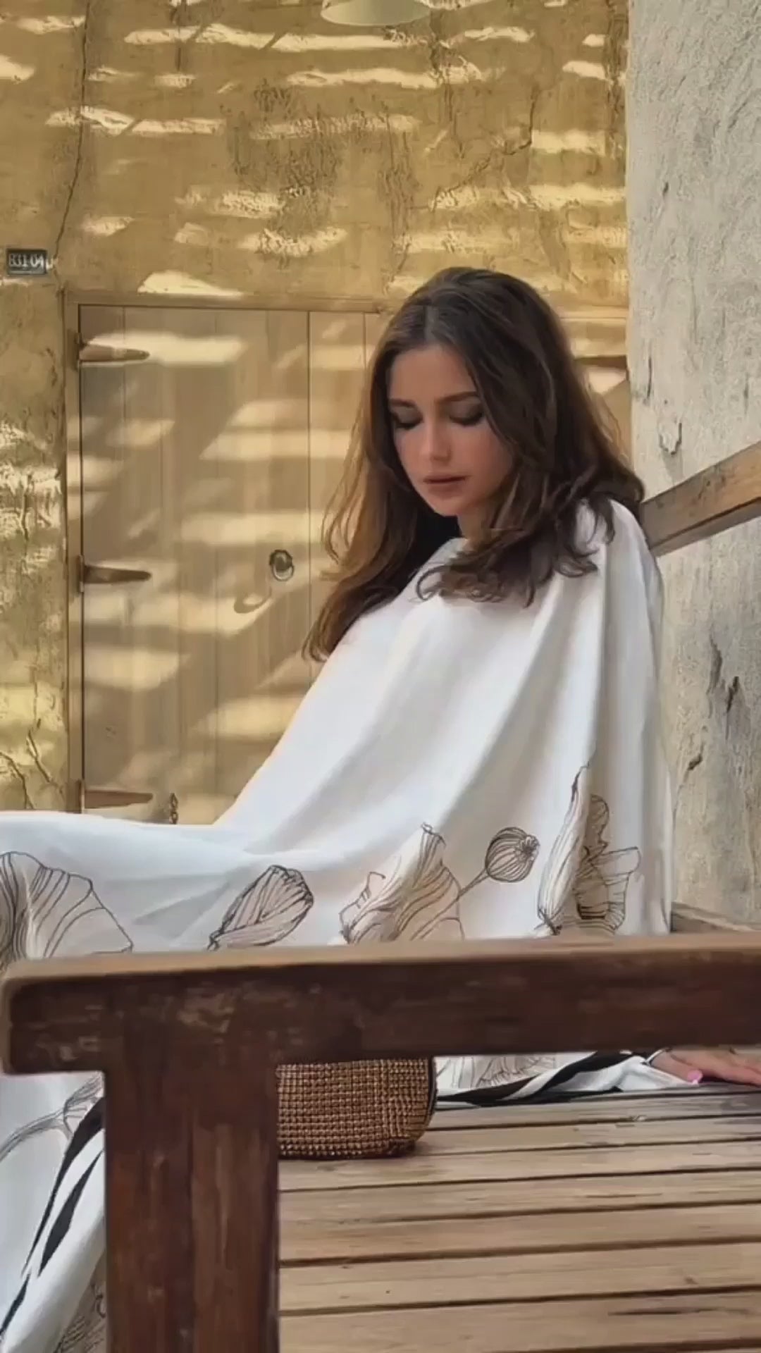 Women's White Double Georgette Floral Print Kaftan