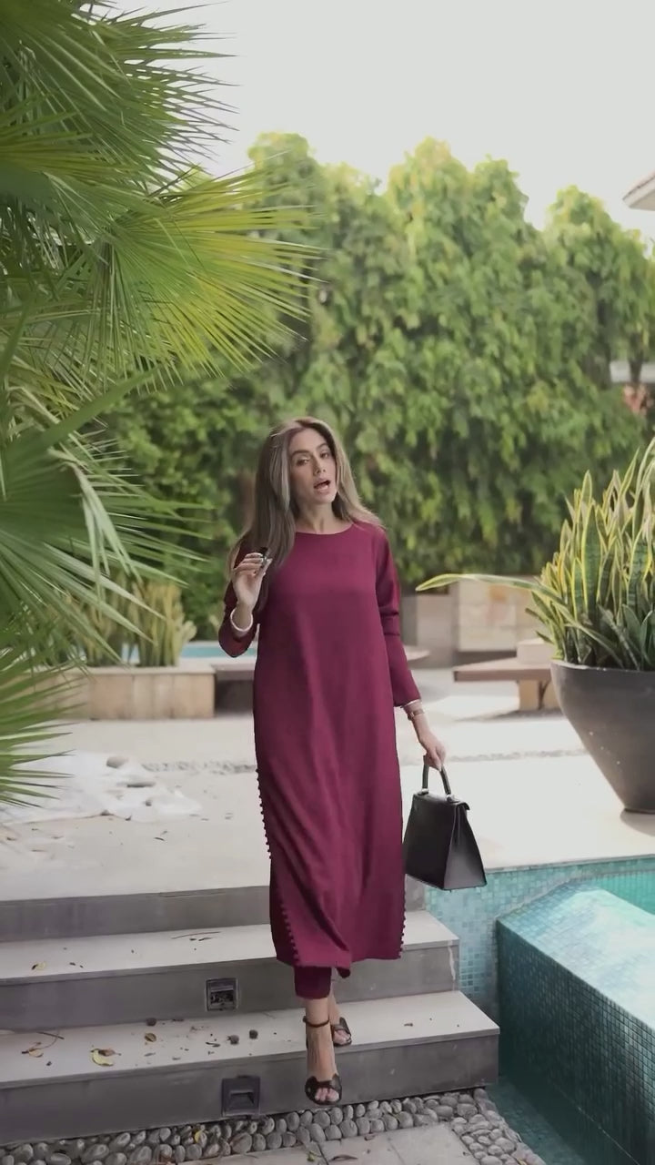 Women's Maroon Berry Crepe (Wrinkle Resistant) Plain Kurta Set