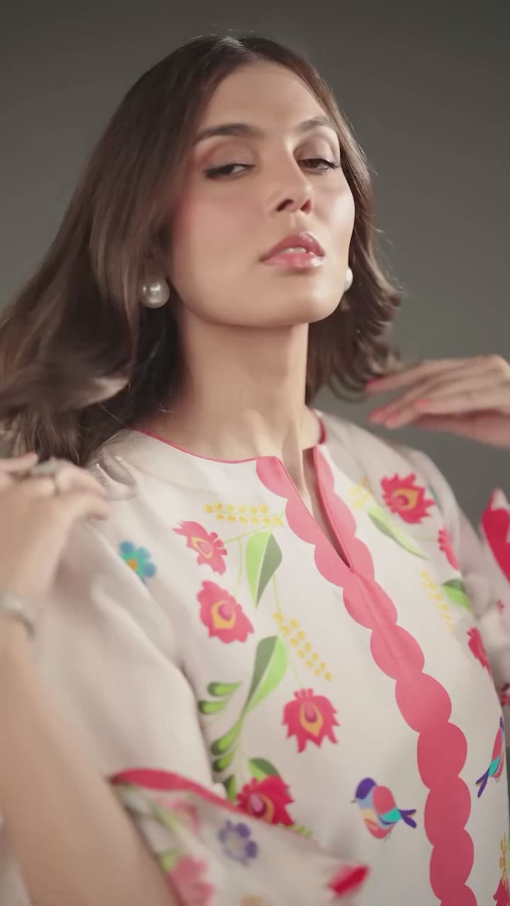 Women's White Cotton Satin Blend Floral Print Kaftan Set