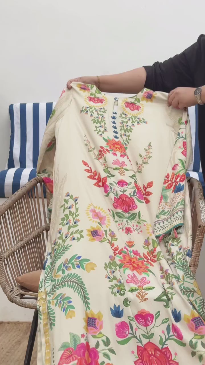 Women's Cream Premium Soft Crepe Floral Print Kaftan