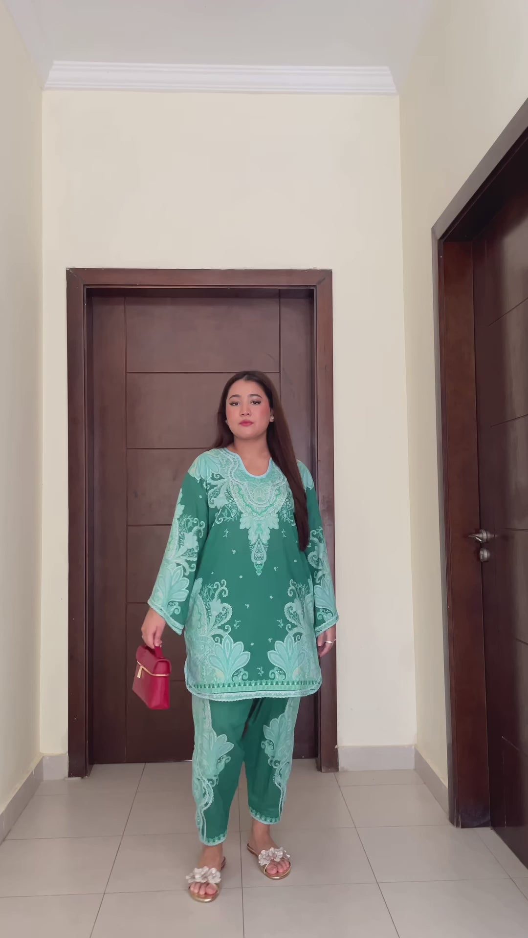 Women's Sea Green Crepe Lace Work Co-Ord Set