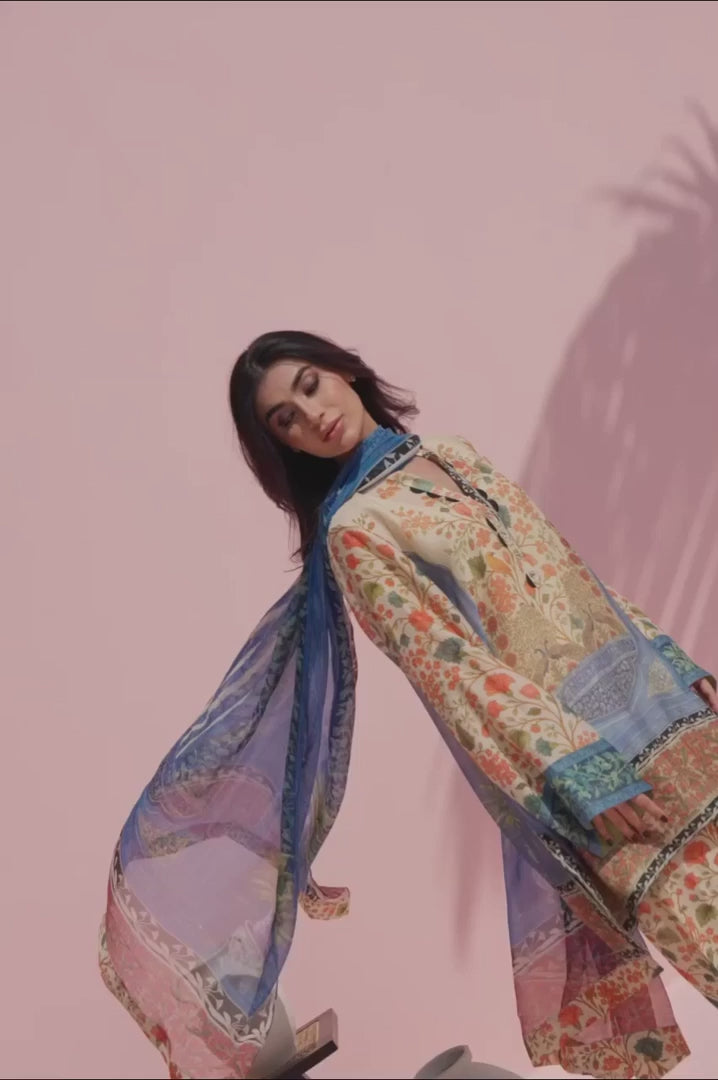 Women's Multi color Printed Cotton Net Kurti with Silk Salwar & Chiffon Dupatta