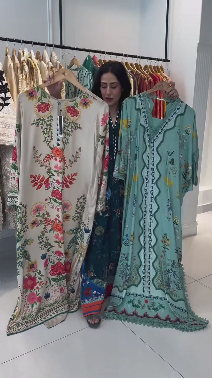 Women's Cream Premium Soft Crepe Floral Print Kaftan