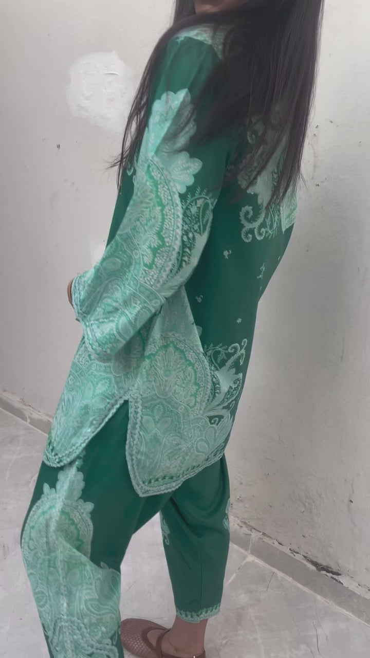 Women's Sea Green Crepe Lace Work Co-Ord Set