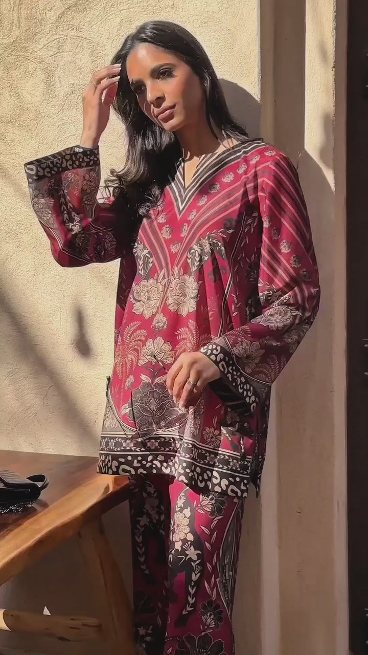 Women's Maroon Median Silk Crepe Printed Co-Ord Sets