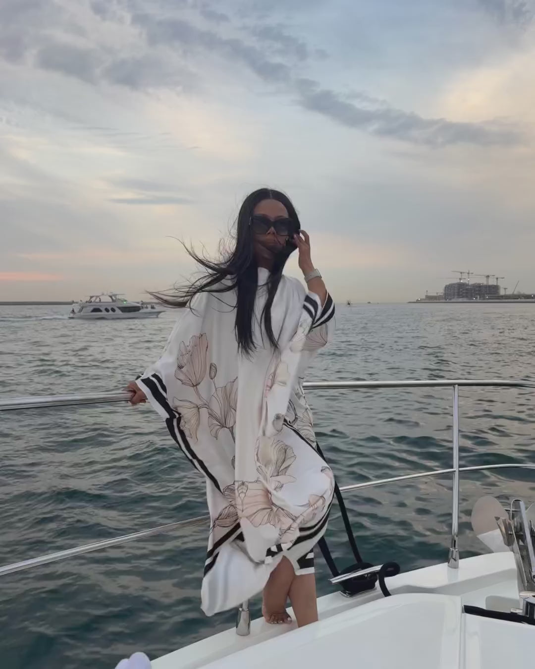 Women's White Double Georgette Floral Print Kaftan