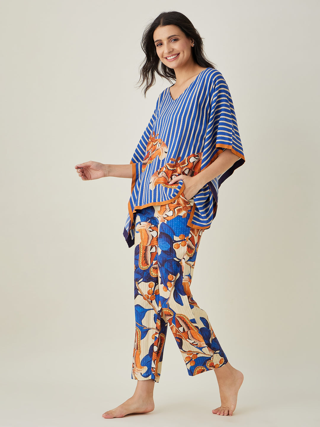 women's Blue Fluttery Dream Pajama Set - The Kaftan Company