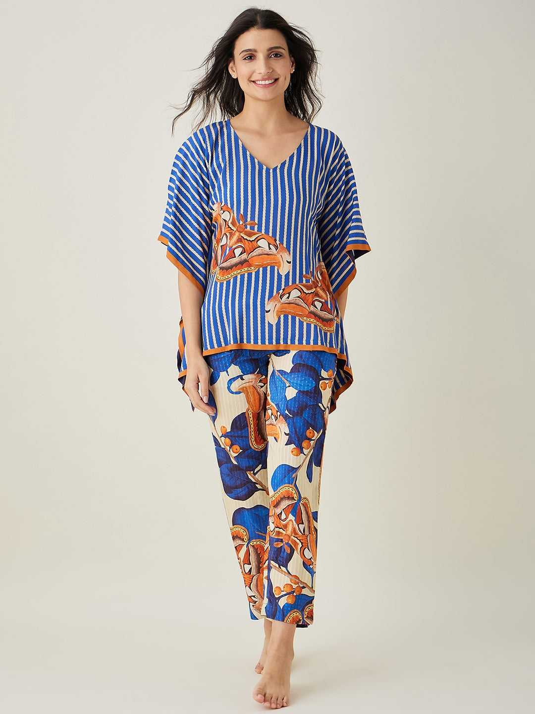 women's Blue Fluttery Dream Pajama Set - The Kaftan Company